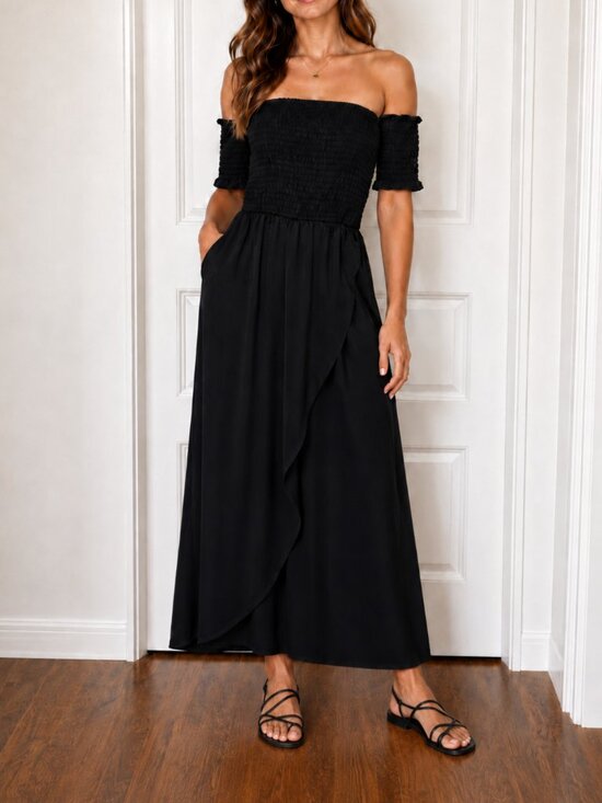Parisian Dresses & Skirts - PARISIAN Black Off Shoulder Smocked Maxi Dress Size Medium Made in Italy